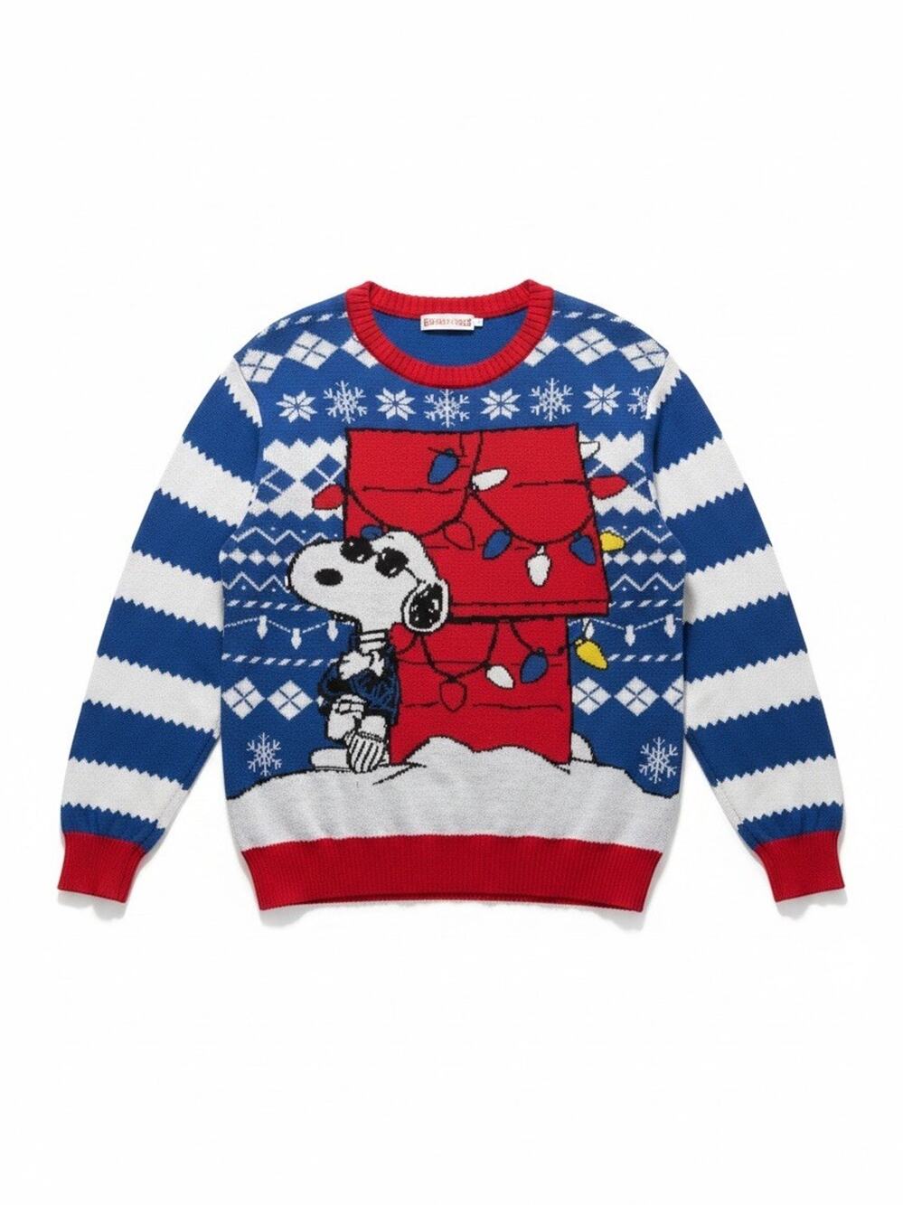 Peanuts Snoopy Christmas Ugly Sweater Men’s XL Blue Skiing Doghouse Holiday